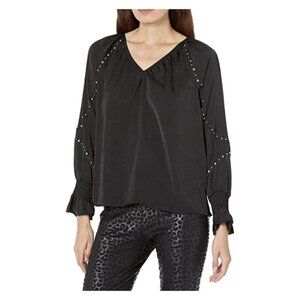 Vince Camuto Smocked Cuff V-Neck XS Top Studded Black Long Sleeve Edgy Goth